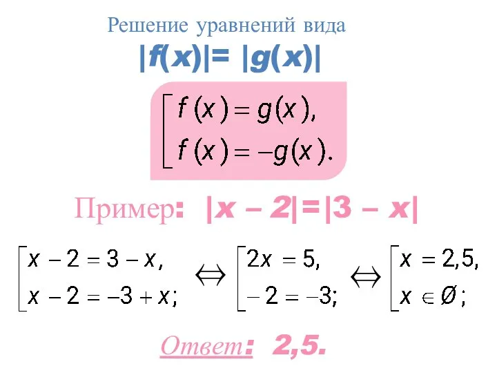 Ответ: 2,5. Решение уравнений вида |f(x)|= |g(x)| Пример: |x – 2| =