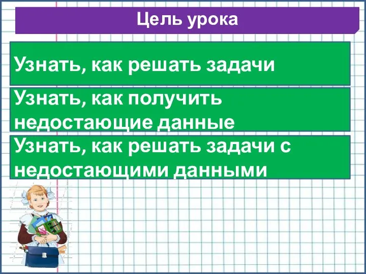 Цель урока Узнать, как решать задачи Узнать, как получить недостающие данные Узнать,