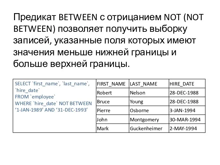 Предикат BETWEEN с отрицанием NOT (NOT BETWEEN) позволяет получить выборку записей, указанные