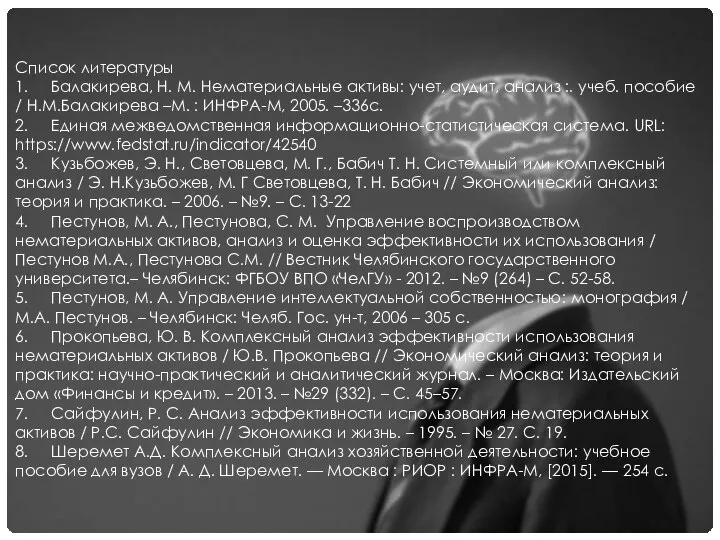 Список литературы 1. Балакирева, Н. М. Нематериальные активы: учет, аудит, анализ :.
