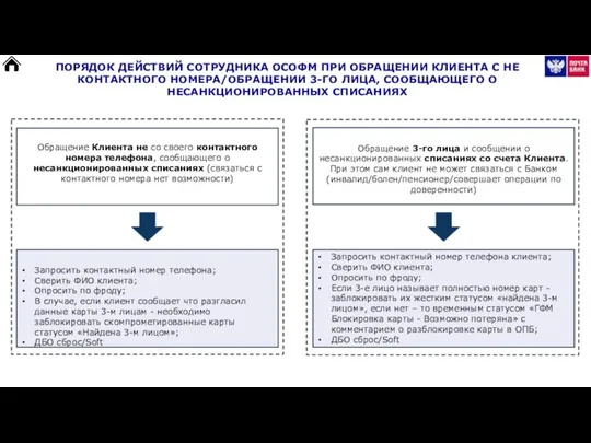 ПОРЯДОК ДЕЙСТВИЙ СОТРУДНИКА ОСОФМ ПРИ ОБРАЩЕНИИ КЛИЕНТА С НЕ КОНТАКТНОГО НОМЕРА/ОБРАЩЕНИИ 3-ГО