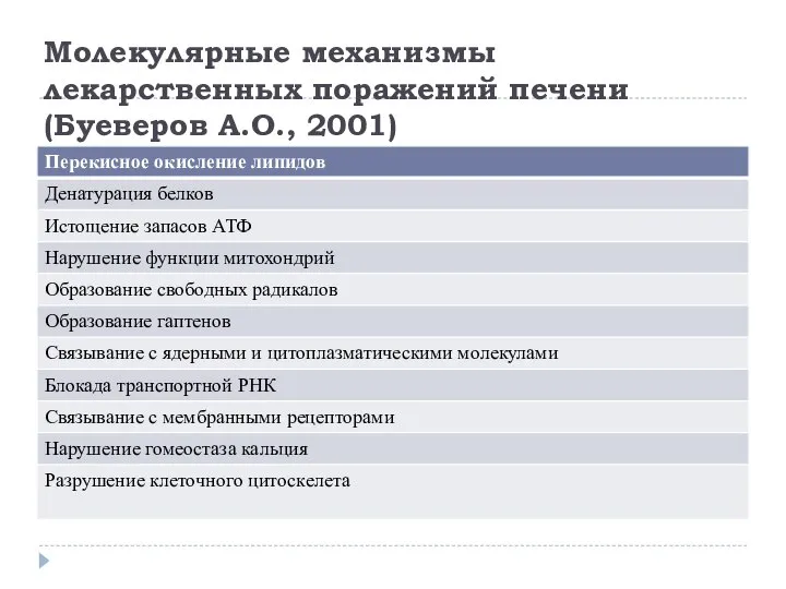 Молекулярные механизмы лекарственных поражений печени (Буеверов А.О., 2001)