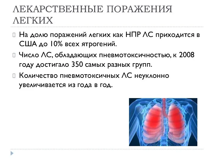 ЛЕКАРСТВЕННЫЕ ПОРАЖЕНИЯ ЛЕГКИХ На долю поражений легких как НПР ЛС приходится в