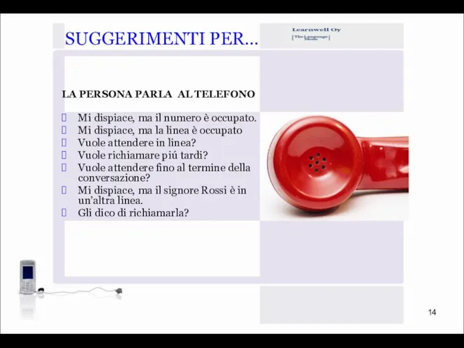 SUGGERIMENTI PER… LA PERSONA PARLA AL TELEFONO Mi dispiace, ma il numero