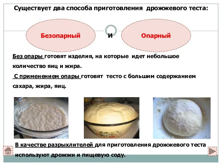 Существует два способа приготовления дрожжевого теста: Безопарный Без опары готовят изделия, на