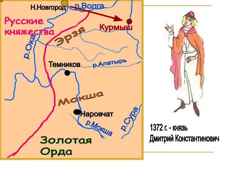 Н.Новгород Золотая Орда Русские княжества р.Ока р.Волга р.Мокша р.Сура р.Алатырь Мокша Эрзя