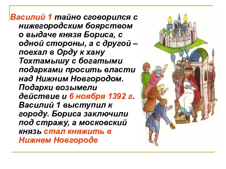 Василий 1 тайно сговорился с нижегородским боярством о выдаче князя Бориса, с