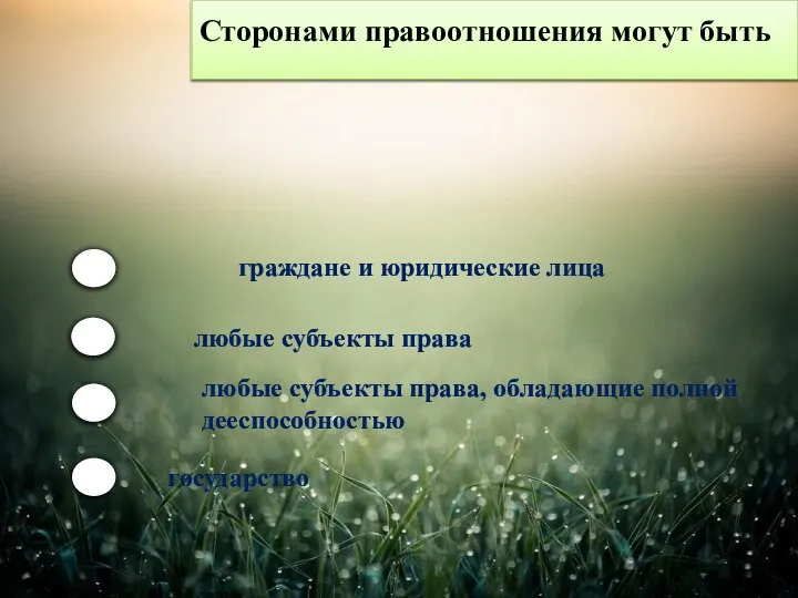 Сторонами правоотношения могут быть граждане и юридические лица любые субъекты права любые