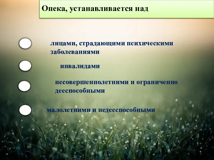 Опека, устанавливается над лицами, страдающими психическими заболеваниями инвалидами несовершеннолетними и ограниченно дееспособными малолетними и недееспособными