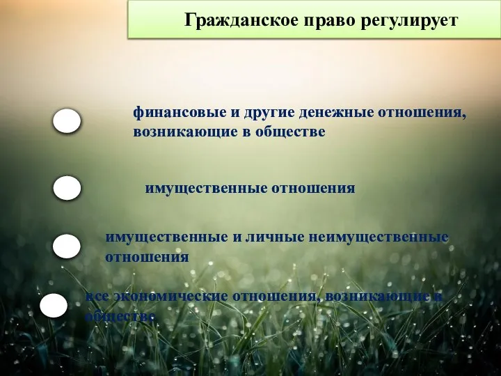 Гражданское право регулирует финансовые и другие денежные отношения, возникающие в обществе имущественные