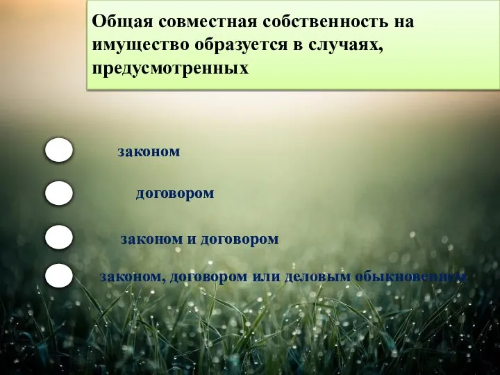 Общая совместная собственность на имущество образуется в случаях, предусмотренных законом договором законом