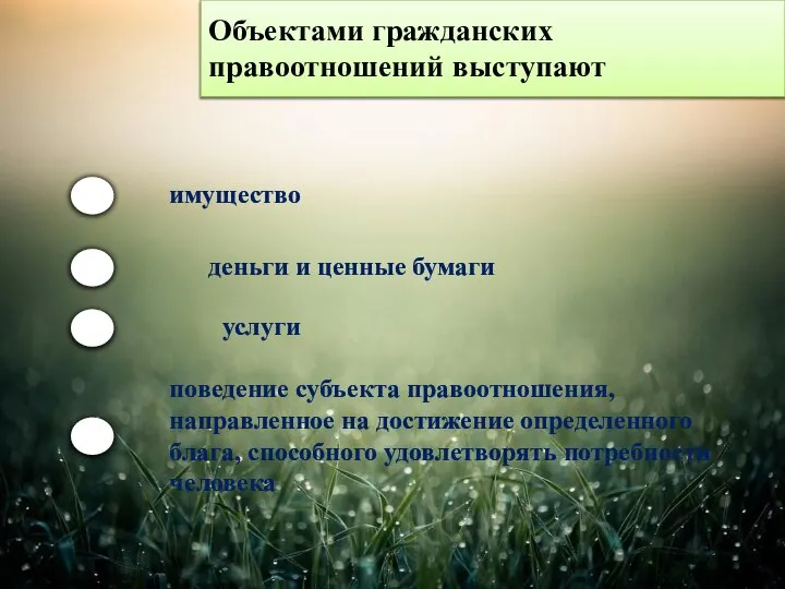 Объектами гражданских правоотношений выступают деньги и ценные бумаги услуги поведение субъекта правоотношения,