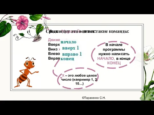 Среда «Муравей» знает такие команды: Движения: Вверх x Вниз x Влево x