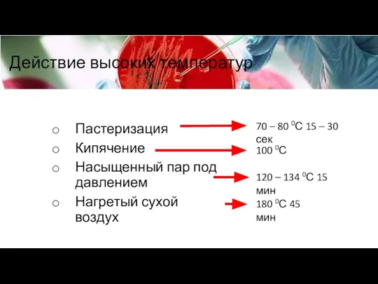 Действие высоких температур Пастеризация Кипячение Насыщенный пар под давлением Нагретый сухой воздух