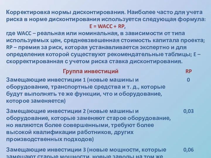 Корректировка нормы дисконтирования. Наиболее часто для учета риска в норме дисконтирования используется