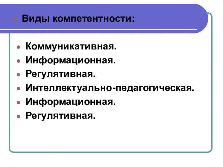 Коммуникативная. Информационная. Регулятивная. Интеллектуально-педагогическая. Информационная. Регулятивная. Виды компетентности: