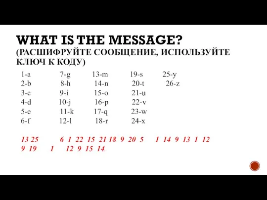 WHAT IS THE MESSAGE? (РАСШИФРУЙТЕ СООБЩЕНИЕ, ИСПОЛЬЗУЙТЕ КЛЮЧ К КОДУ) 1-a 7-g