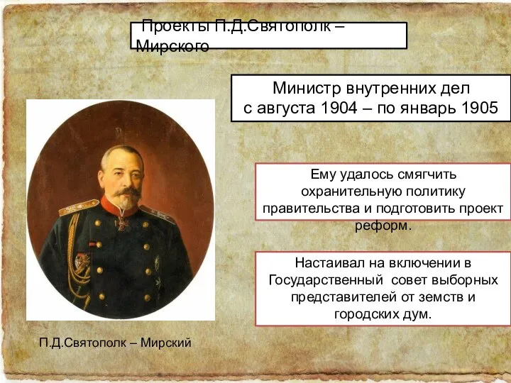 Проекты П.Д.Святополк – Мирского Министр внутренних дел с августа 1904 – по