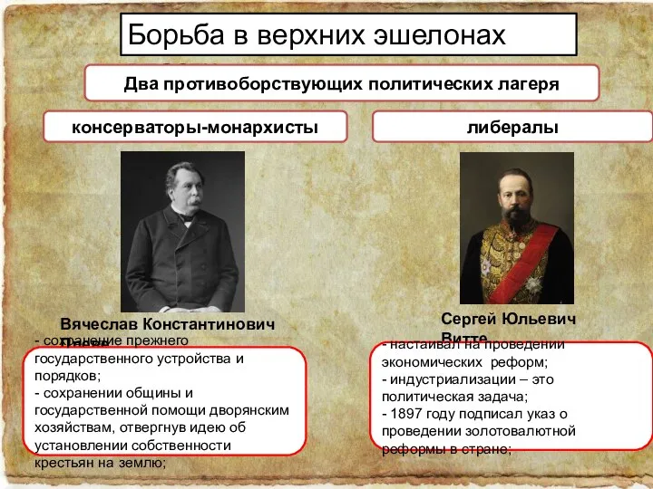 Борьба в верхних эшелонах власти. Два противоборствующих политических лагеря консерваторы-монархисты либералы Сергей