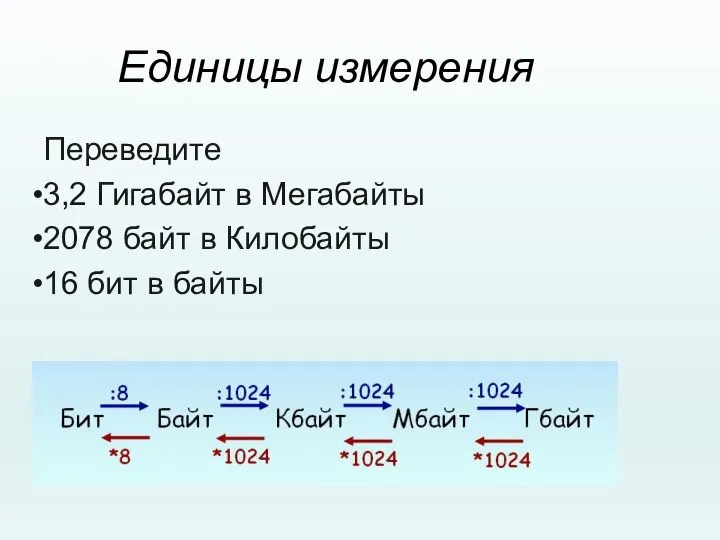 Единицы измерения Переведите 3,2 Гигабайт в Мегабайты 2078 байт в Килобайты 16 бит в байты