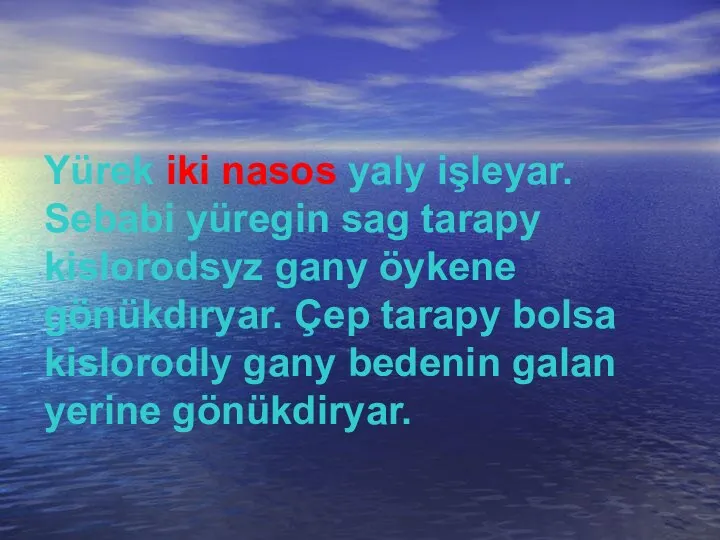 Yürek iki nasos yaly işleyar. Sebabi yüregin sag tarapy kislorodsyz gany öykene