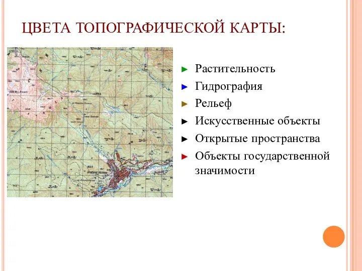 ЦВЕТА ТОПОГРАФИЧЕСКОЙ КАРТЫ: Растительность Гидрография Рельеф Искусственные объекты Открытые пространства Объекты государственной значимости