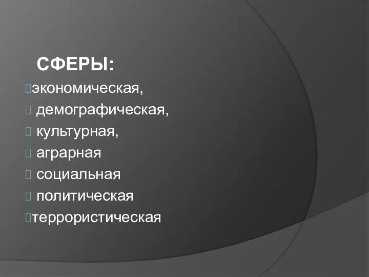 СФЕРЫ: экономическая, демографическая, культурная, аграрная социальная политическая террористическая