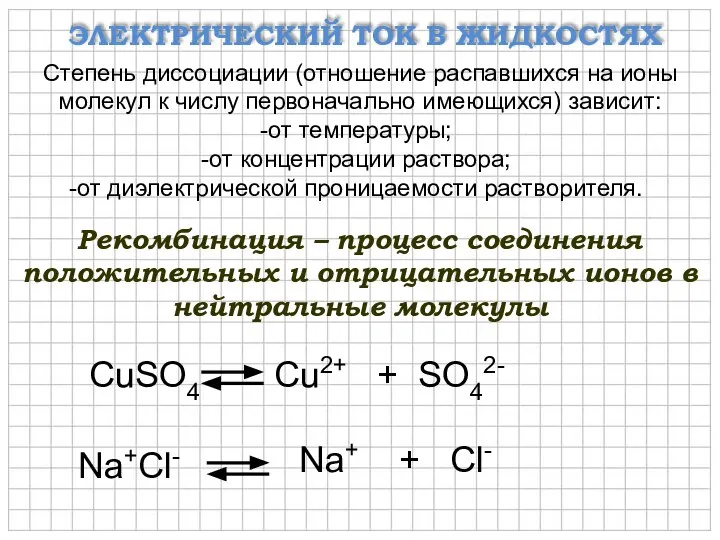 ЭЛЕКТРИЧЕСКИЙ ТОК В ЖИДКОСТЯХ Степень диссоциации (отношение распавшихся на ионы молекул к