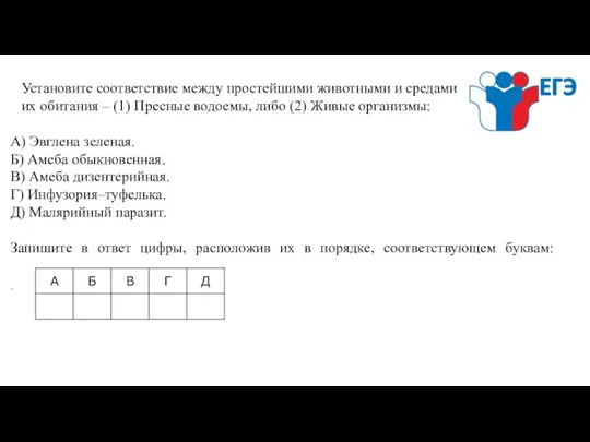 Установите соответствие между простейшими животными и средами их обитания – (1) Пресные