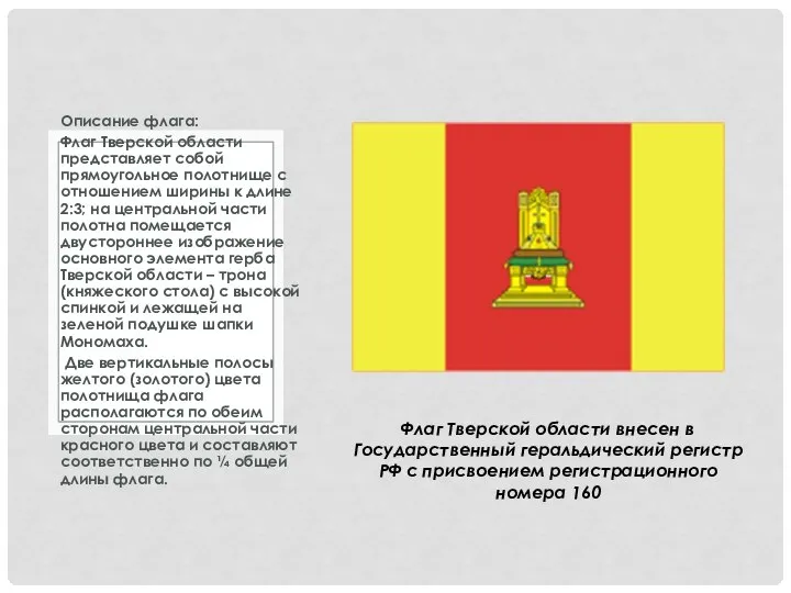 Описание флага: Флаг Тверской области представляет собой прямоугольное полотнище с отношением ширины