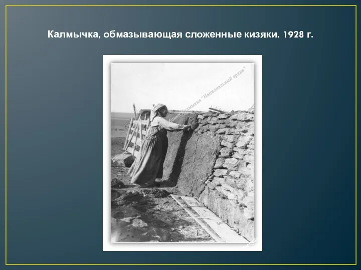 Калмычка, обмазывающая сложенные кизяки. 1928 г.