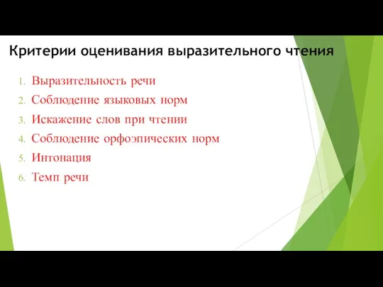 Критерии оценивания выразительного чтения Выразительность речи Соблюдение языковых норм Искажение слов при