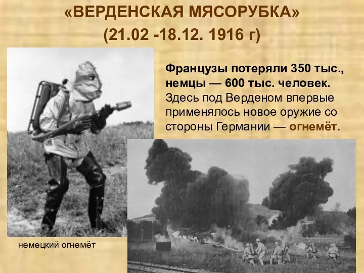 «ВЕРДЕНСКАЯ МЯСОРУБКА» (21.02 -18.12. 1916 г) Французы потеряли 350 тыс., немцы —