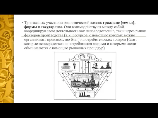 Три главных участника экономической жизни: граждане (семьи), фирмы и государство. Они взаимодействуют