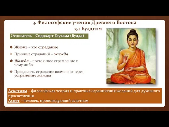 3. Философские учения Древнего Востока 3.1 Буддизм Основатель – Сиддхарт Гаутама (Будда)