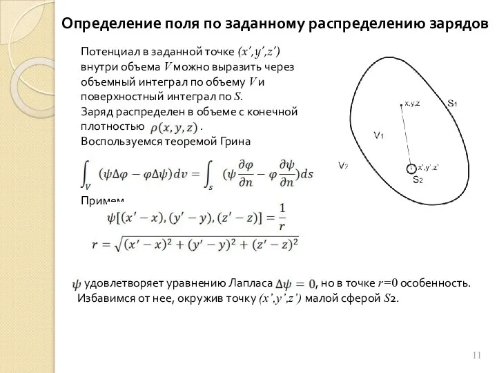 Определение поля по заданному распределению зарядов Потенциал в заданной точке (x’,y’,z’) внутри