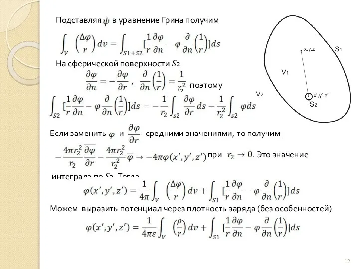 Подставляя в уравнение Грина получим На сферической поверхности S2 поэтому Если заменить