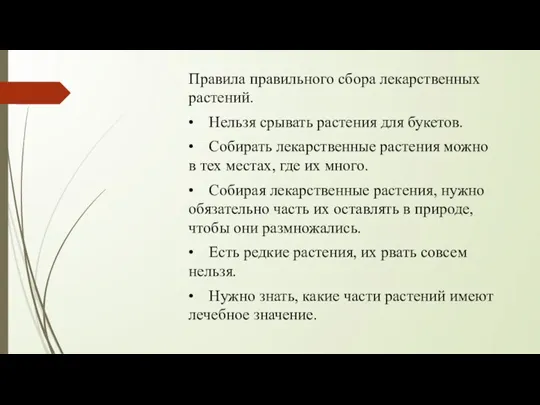 Правила правильного сбора лекарственных растений. • Нельзя срывать растения для букетов. •