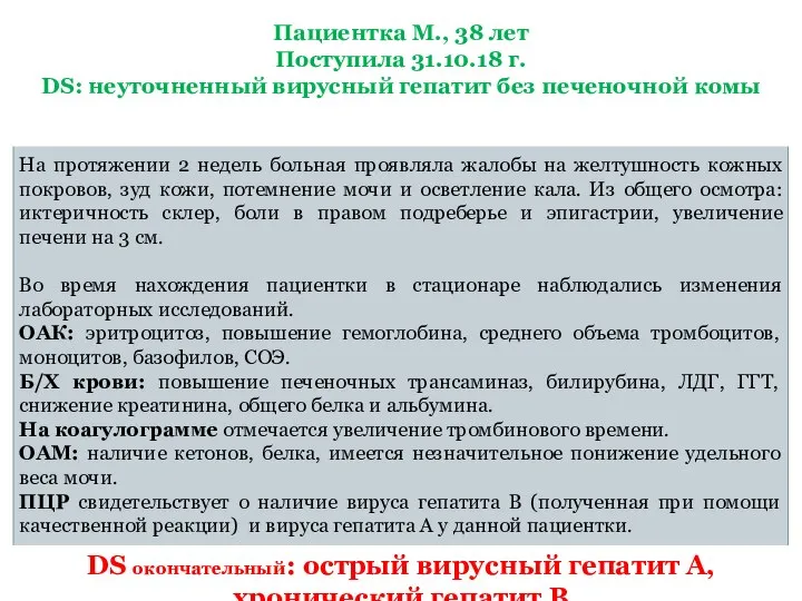 Пациентка М., 38 лет Поступила 31.10.18 г. DS: неуточненный вирусный гепатит без