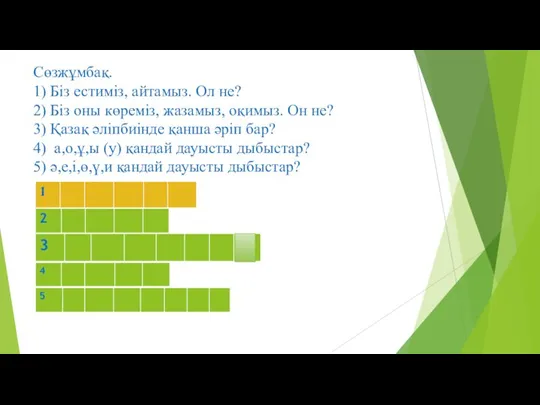 Сөзжұмбақ. 1) Біз естиміз, айтамыз. Ол не? 2) Біз оны көреміз, жазамыз,
