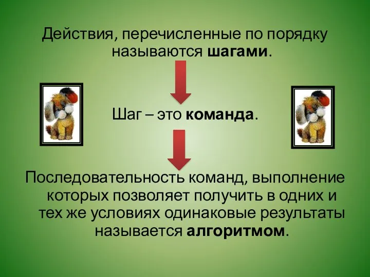 Действия, перечисленные по порядку называются шагами. Шаг – это команда. Последовательность команд,