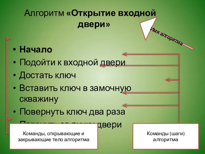 Алгоритм «Открытие входной двери» Начало Подойти к входной двери Достать ключ Вставить