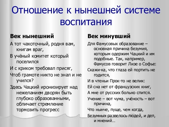 Отношение к нынешней системе воспитания Век нынешний А тот чахоточный, родня вам,