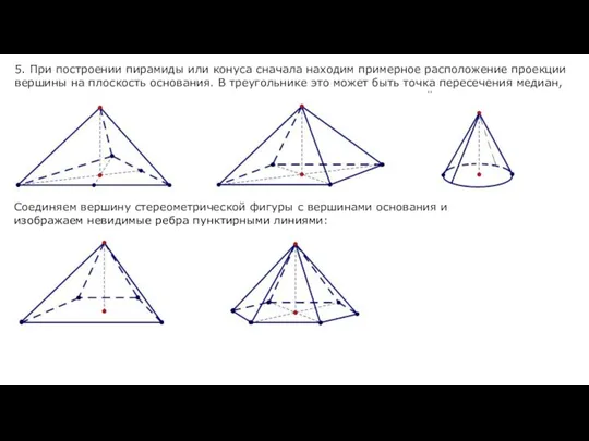5. При построении пирамиды или конуса сначала находим примерное расположение проекции вершины