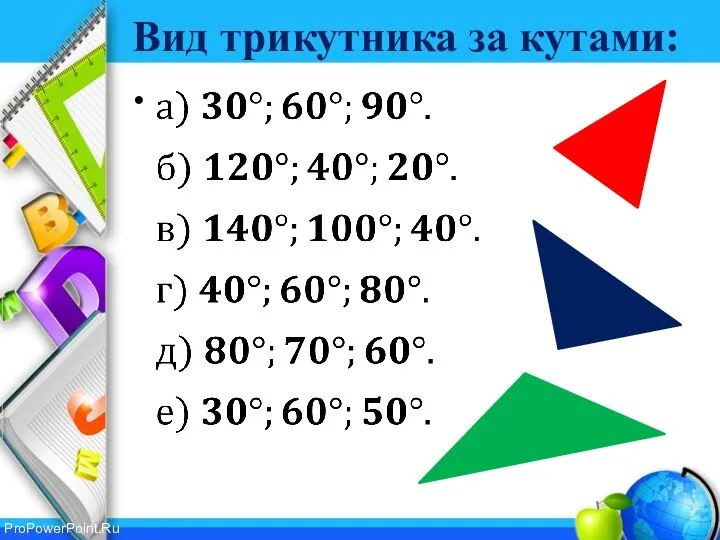 Вид трикутника за кутами: