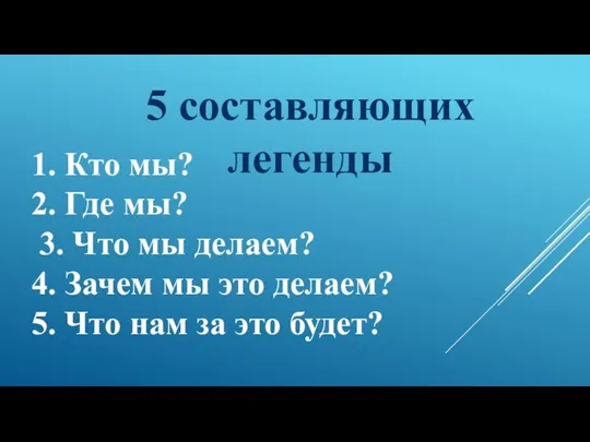 5 составляющих легенды 1. Кто мы? 2. Где мы? 3. Что мы