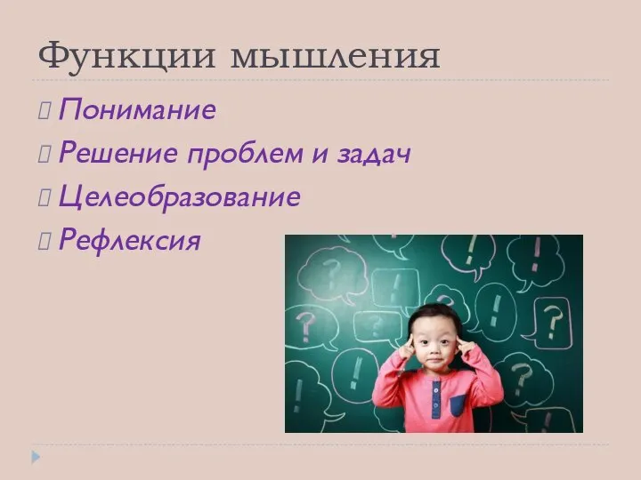 Функции мышления Понимание Решение проблем и задач Целеобразование Рефлексия