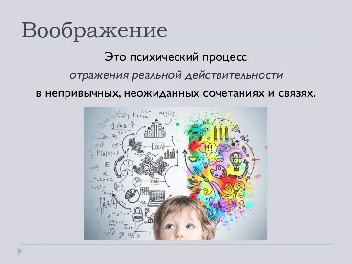 Воображение Это психический процесс отражения реальной действительности в непривычных, неожиданных сочетаниях и связях.