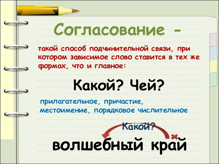 Согласование - такой способ подчинительной связи, при котором зависимое слово ставится в