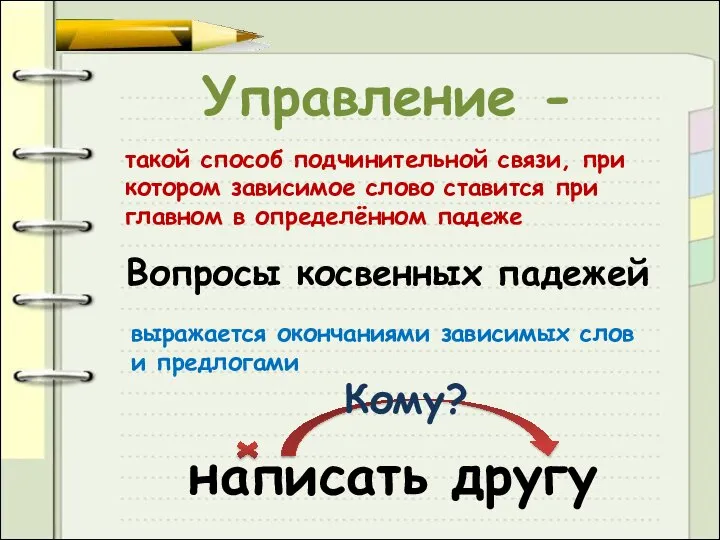 Управление - такой способ подчинительной связи, при котором зависимое слово ставится при